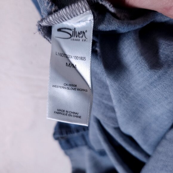 Silver Jeans Shirt Dress Medium Chambray Blue Denim-Like Button Front Drawstring - Picture 10 of 13